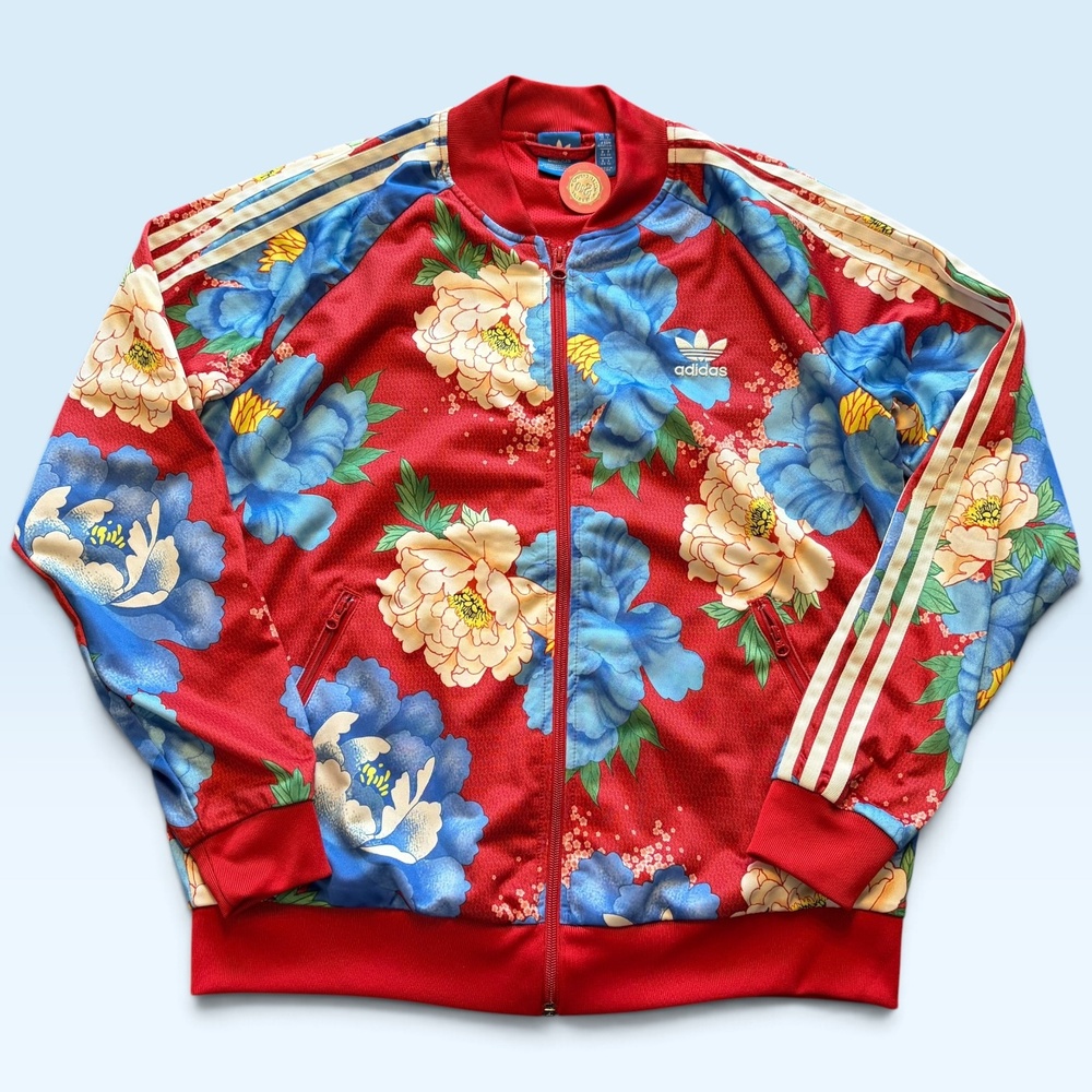 Adidas Originals Track Jacket Womens Large Red Blue Floral Print Full Zip
